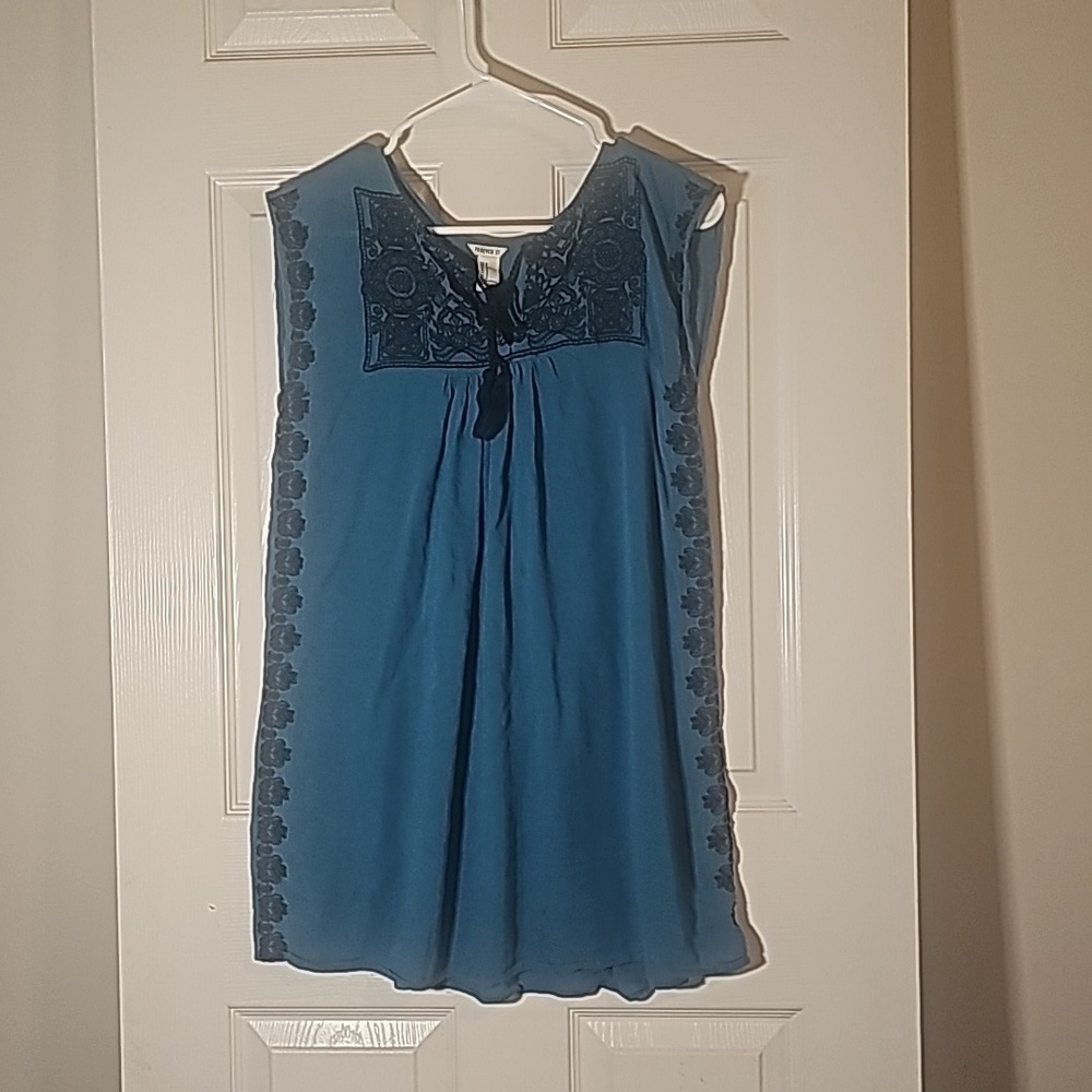 Forever 21 Blue Black Embroidered Mini Dress Tunic Boho Festival Summer Size S